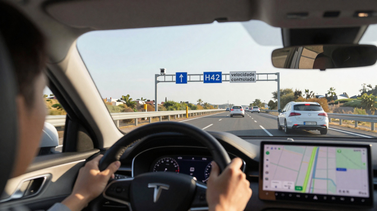Pessoa a conduzir um carro Tesla numa autoestrada com sinalização para H42 e controlo de velocidade.
