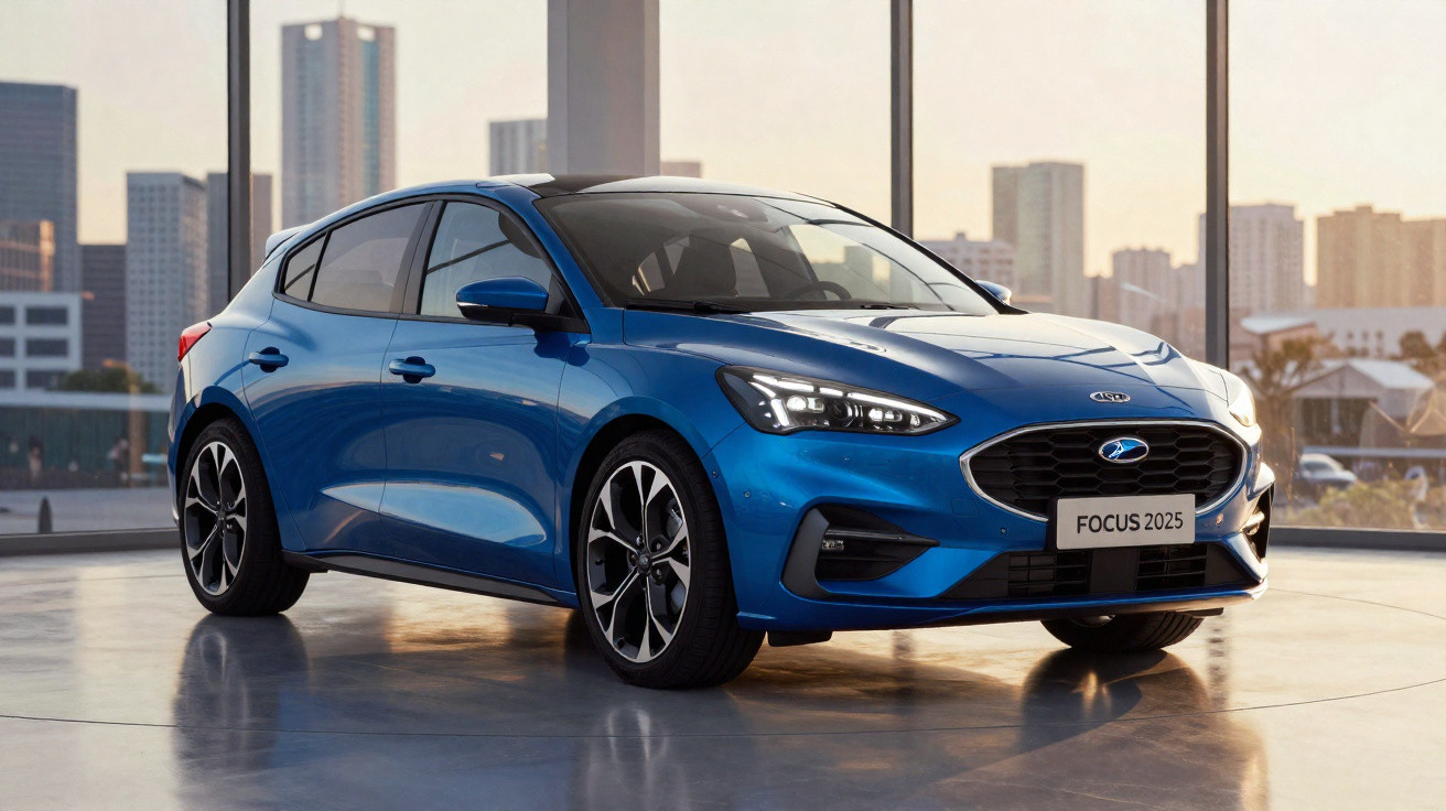 Carro desportivo azul estacionado em espaço interior com grandes janelas e vista urbana ao fundo.