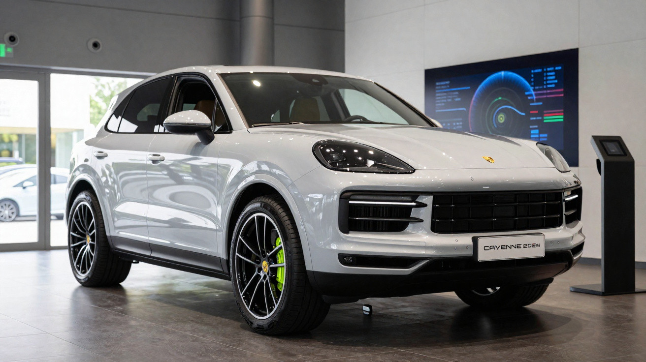 Carro Porsche Cayenne 2024 branco exibido num salão de automóveis moderno e luminoso.