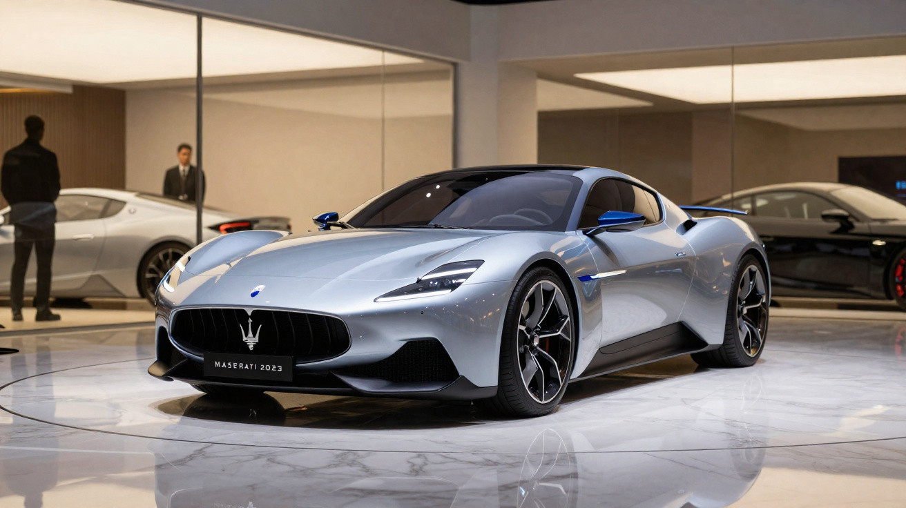 Automóvel desportivo Maserati prata exposto em salão moderno com reflete no chão de mármore.
