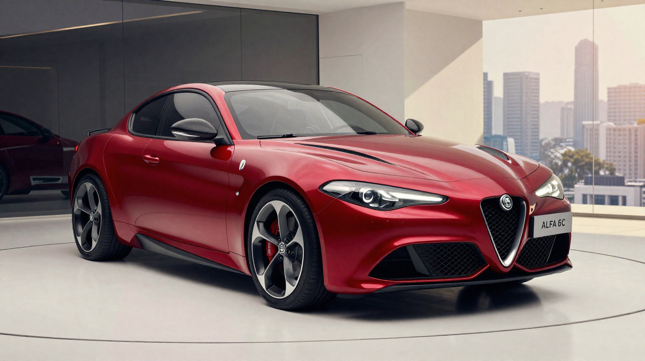 Carro desportivo Alfa Romeo vermelho, modelo Alfa 6C, com design moderno e linhas aerodinâmicas num espaço interior.