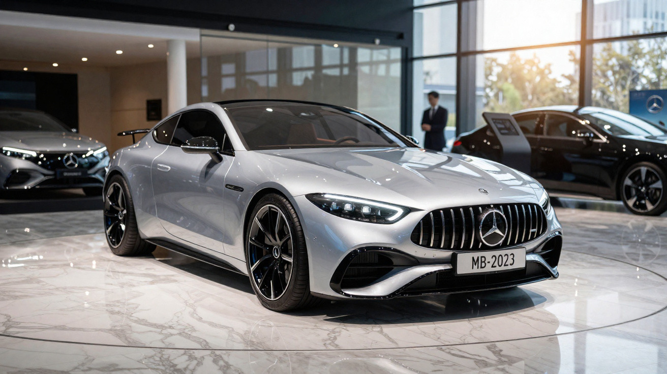 Carro desportivo prata Mercedes-Benz em exposição num salão moderno com piso em mármore.