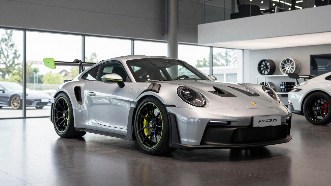 Carro desportivo Porsche 911 GT3 RS cinzento exposto numa garagem moderna com jantes pretas e detalhes verde-lima.