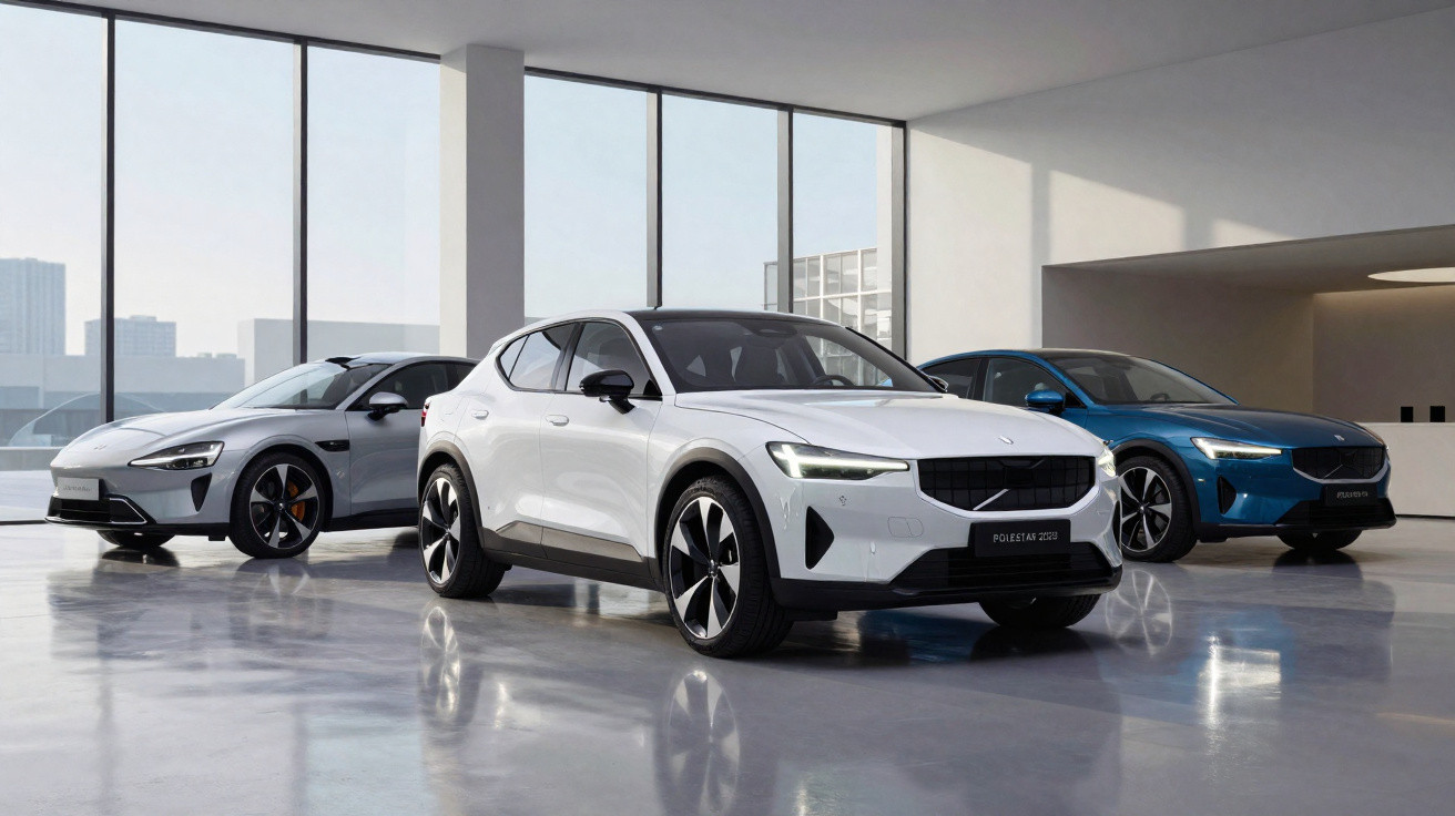 Três carros elétricos Polestar estacionados num showroom moderno e iluminado, dois brancos e um azul.