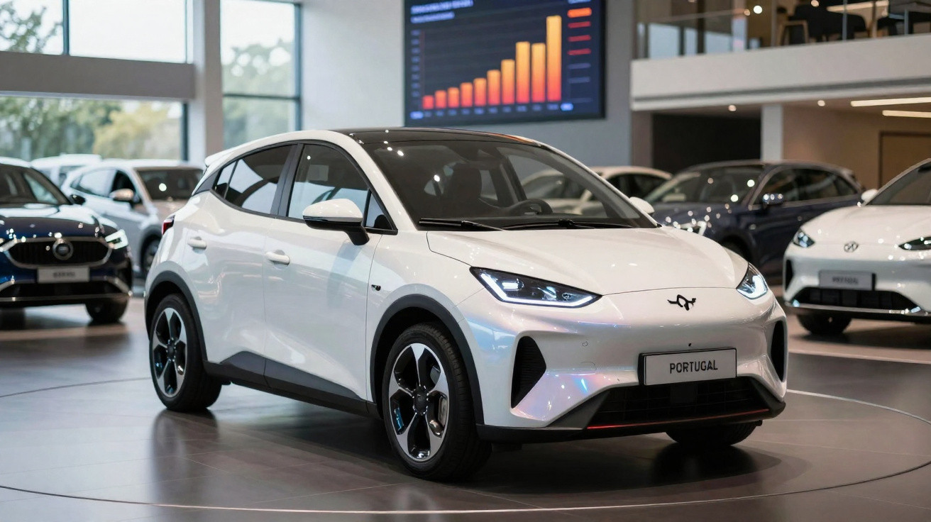 Carro elétrico branco em exposição numa sala de vendas moderna com gráficos digitais ao fundo.