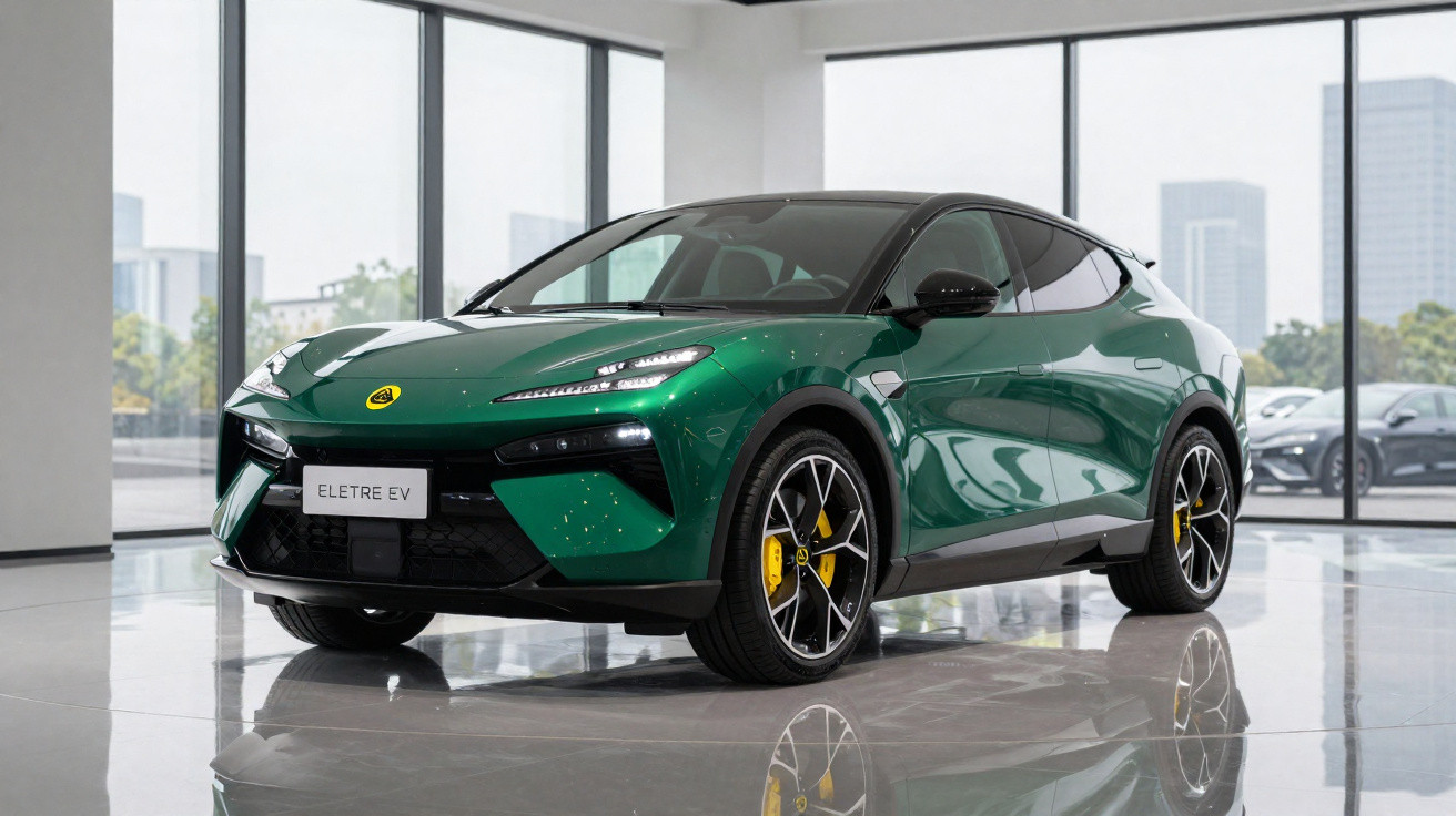 Carro elétrico Lotus Eletre EV verde num showroom moderno com grandes janelas e piso espelhado.