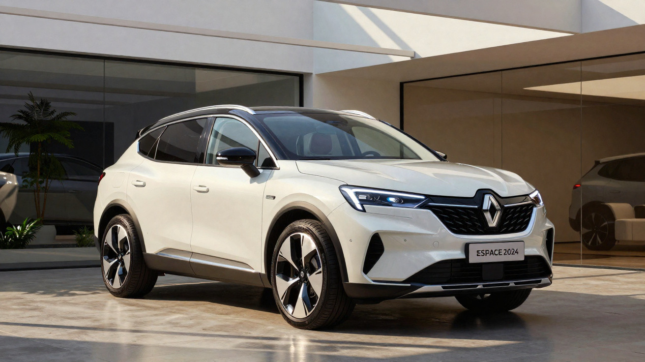 Renault Espace 2024 branco estacionado em garagem moderna com parede de vidro.
