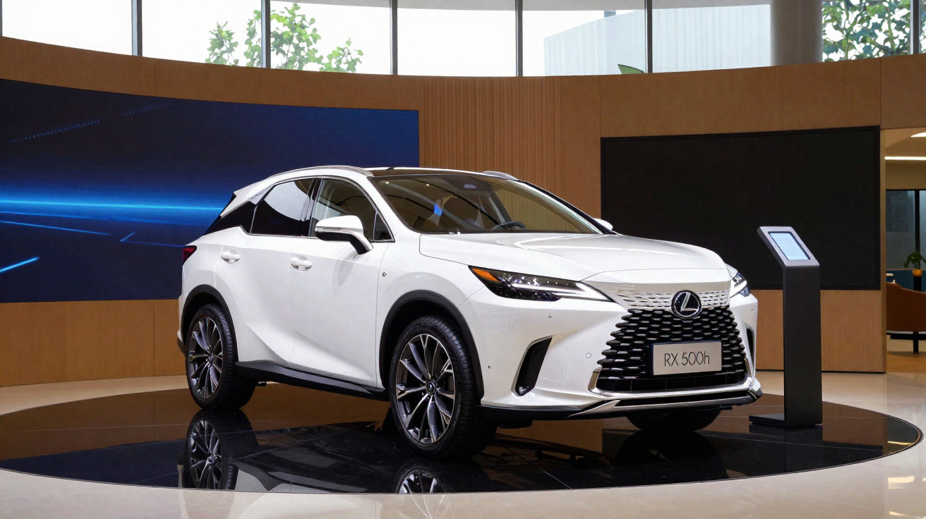 Automóvel Lexus RX 500h branco exposto em stand moderno com iluminação natural e ecrãs ao fundo.
