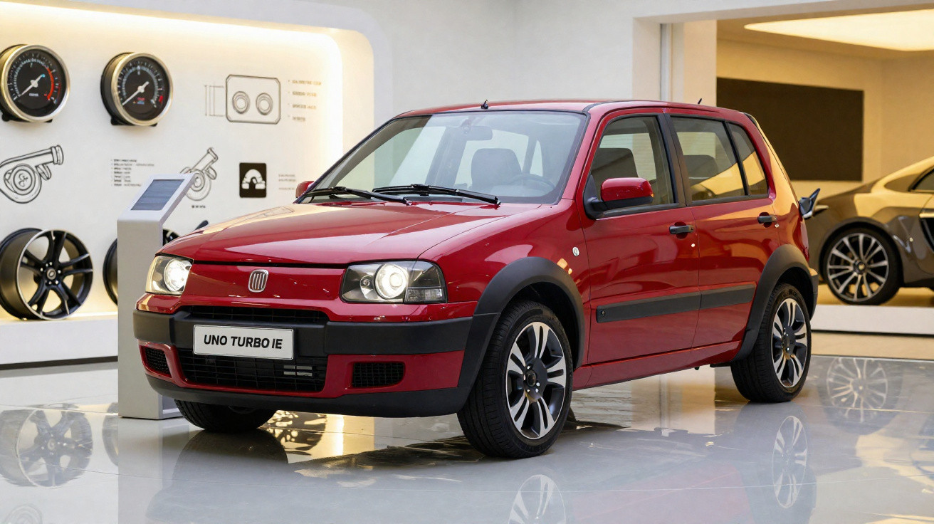 Automóvel Fiat Uno Turbo IE vermelho exposto num museu de automóveis com decoração moderna à volta.
