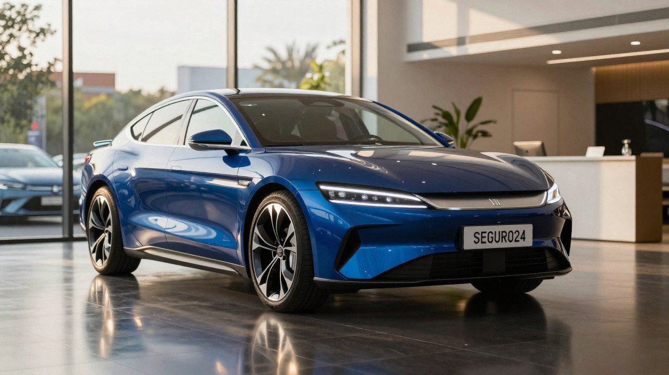 Carro elétrico azul moderno estacionado numa sala bem iluminada com janelas amplas e plantas decorativas.