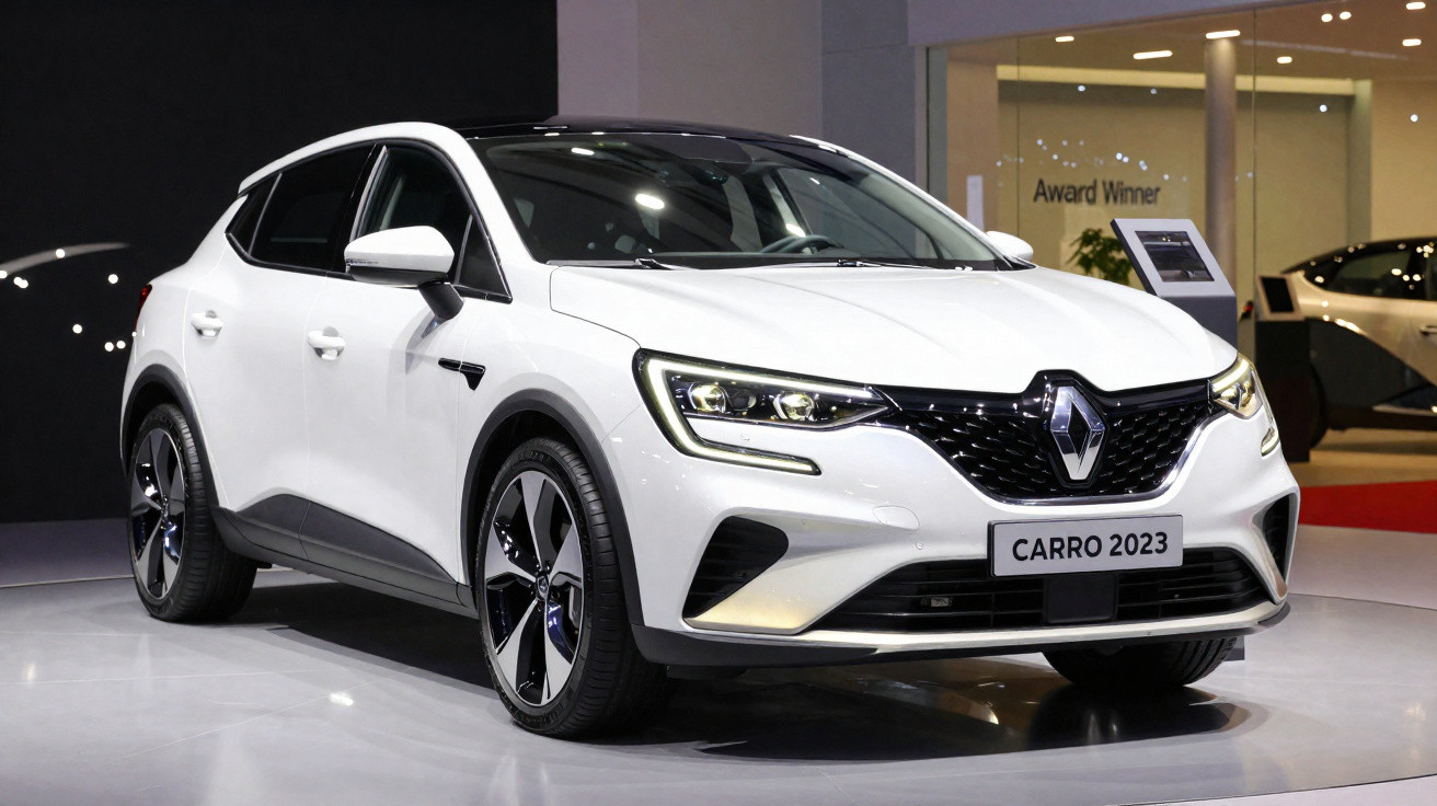 Carro branco Renault modelo 2023 exposto em salão automóvel com iluminação moderna.