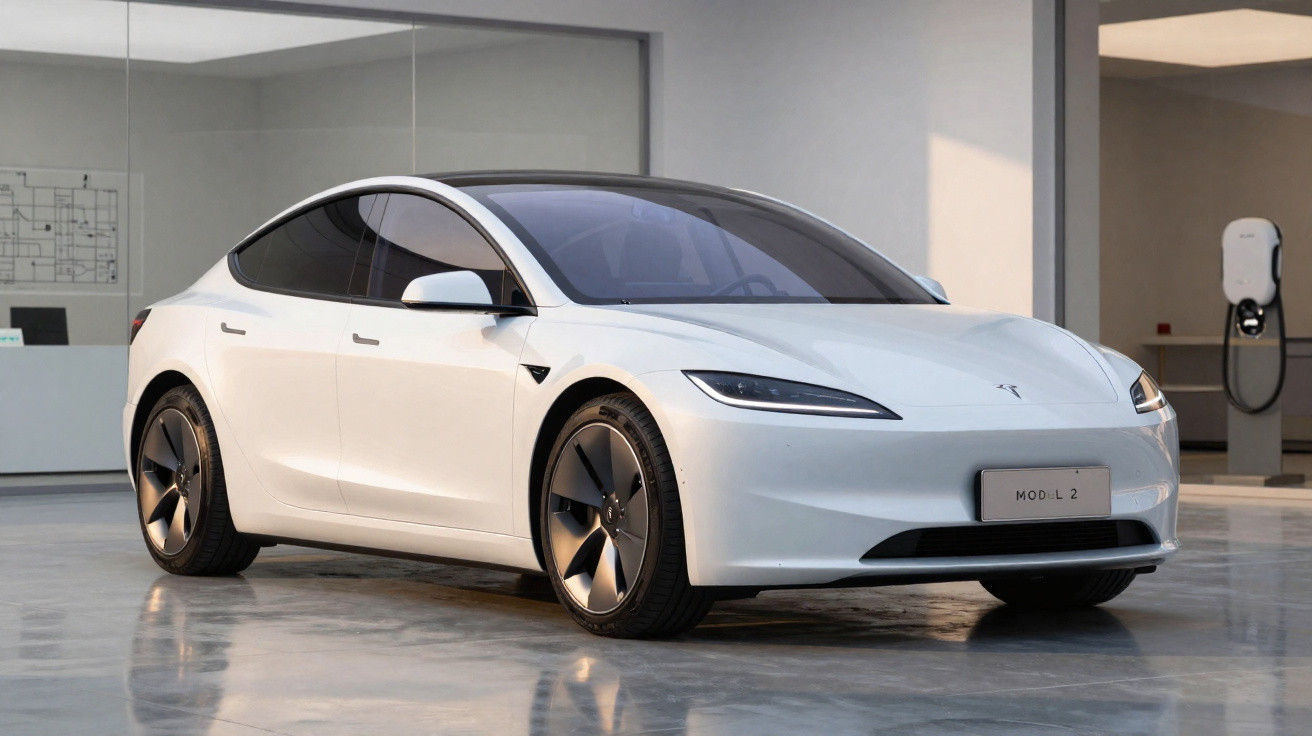 Carro elétrico branco Tesla Model 2 estacionado em garagem moderna com parede de vidro.