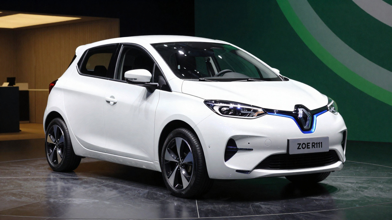 Carro elétrico branco Renault Zoe R111 exibido numa plataforma com fundo verde e interior moderno.