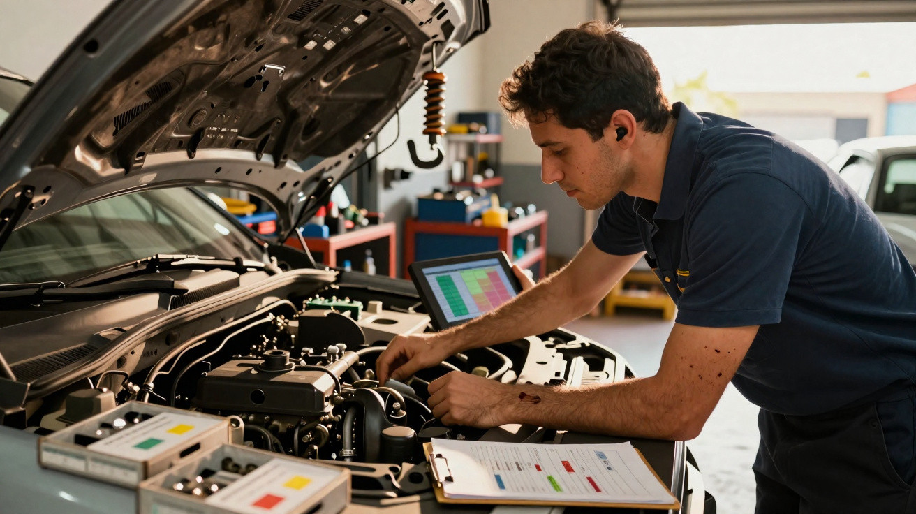 Mecânico a inspecionar o motor de um carro aberto numa oficina com equipamento de diagnóstico.