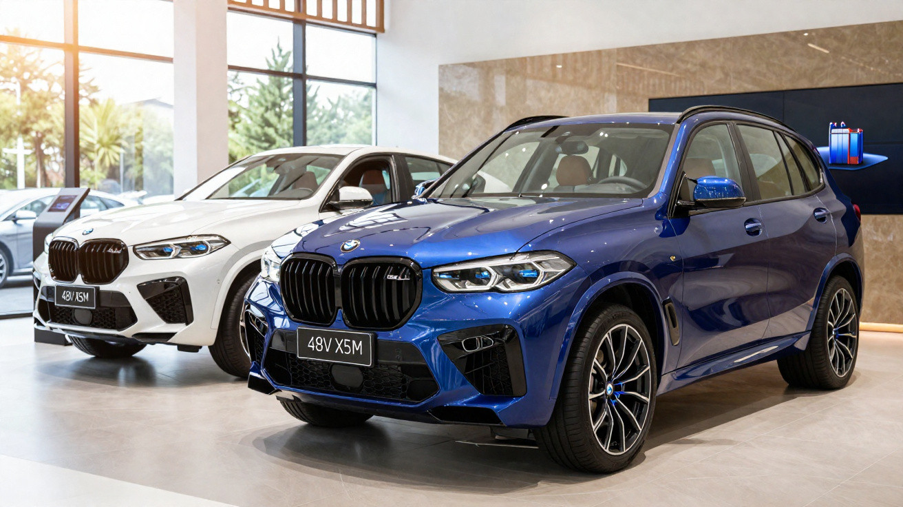 Dois carros BMW X5M em exposição, um azul à frente e um branco atrás, dentro de um showroom moderno.