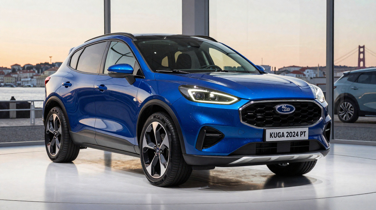 Ford Kuga 2024 azul exibido numa sala com vista para o rio ao ao pôr do sol.