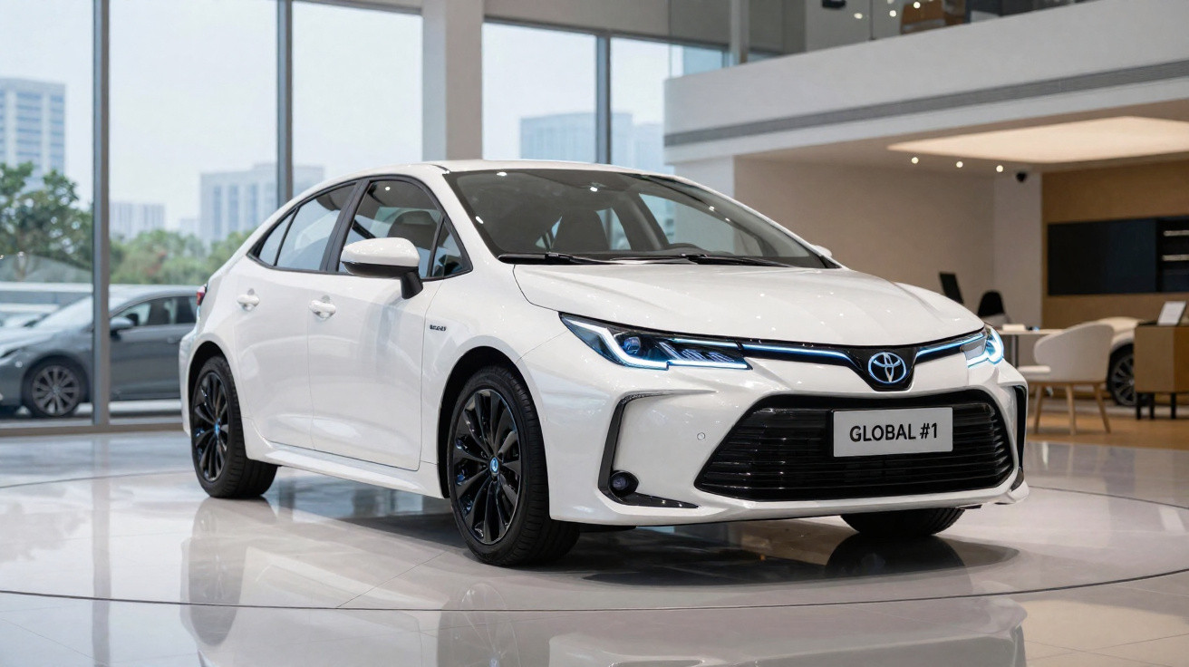 Automóvel branco Toyota sedan em exposição numa sala moderna e iluminada.