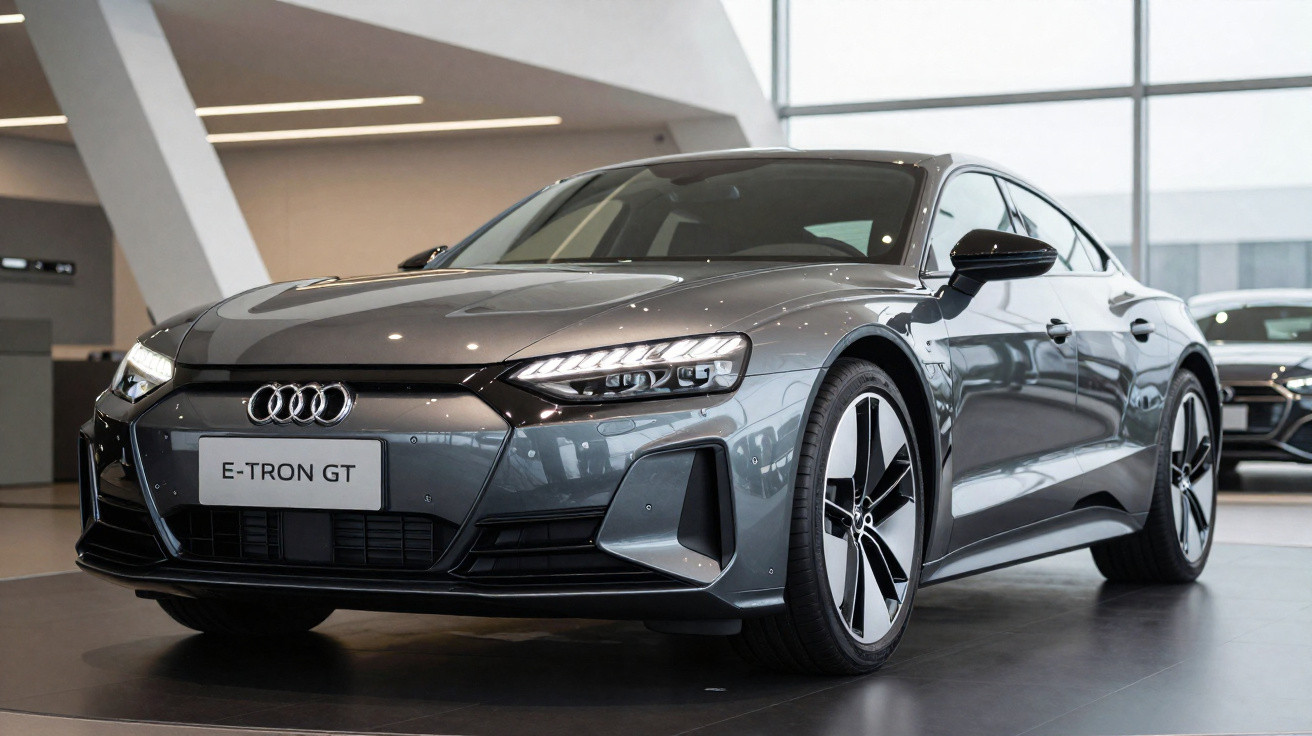 Carro elétrico Audi e-tron GT cinza estacionado em showroom moderno com iluminação interior.