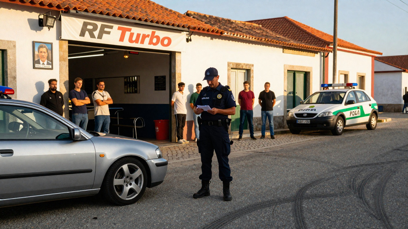 Polícia em uniforme verifica documento de carro prata em frente a garagem com grupo de homens observando.