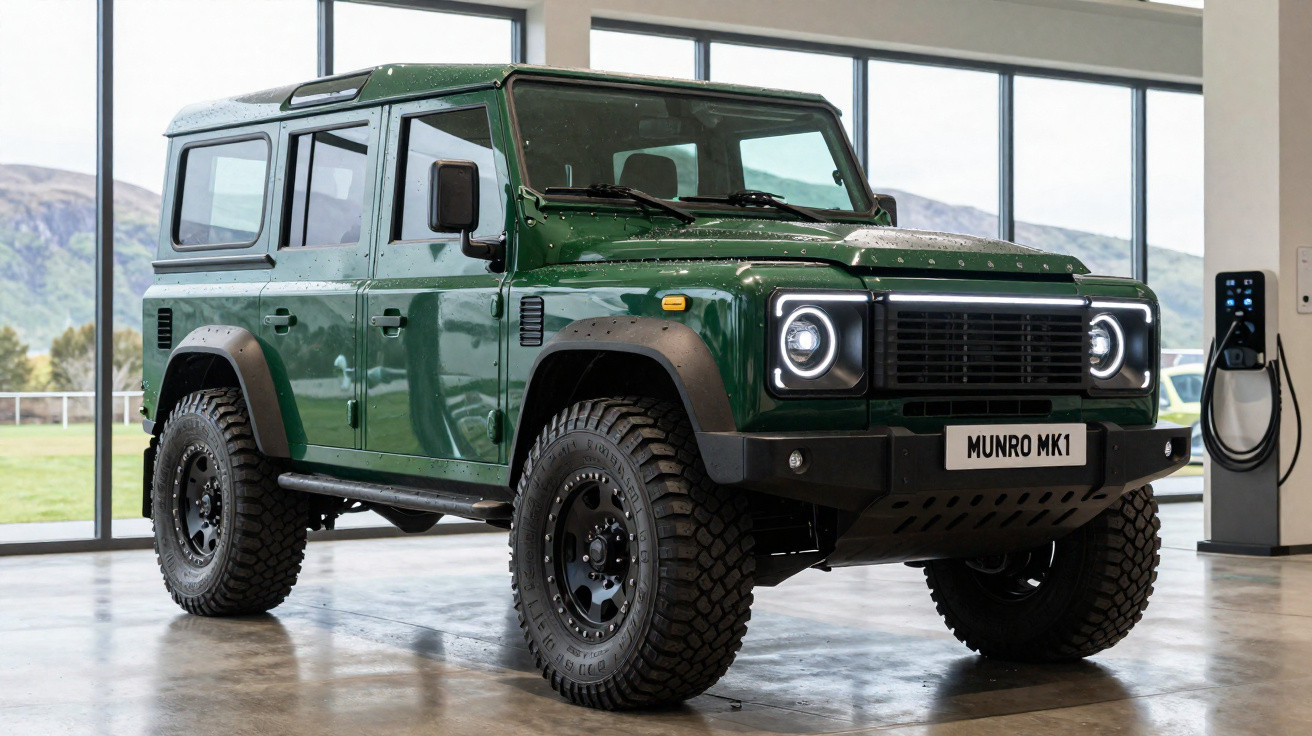 Carro 4x4 verde escuro Munro MK1 estacionado interior com janelas grandes e carregador elétrico.