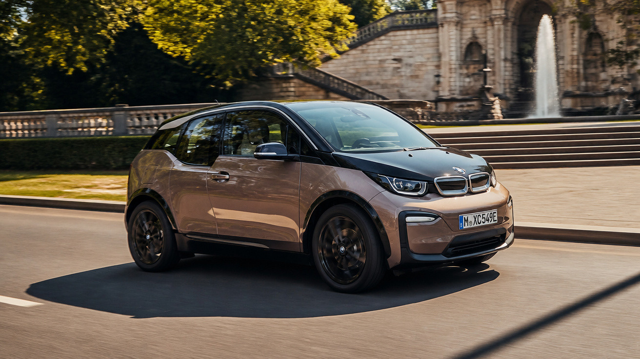 Carro elétrico BMW i3 a circular numa estrada urbana junto a um monumento histórico com escadaria e fonte.
