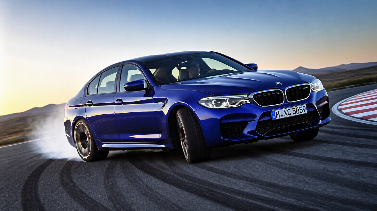 Carro desportivo azul BMW a derrapar numa pista de corridas ao pôr do sol.