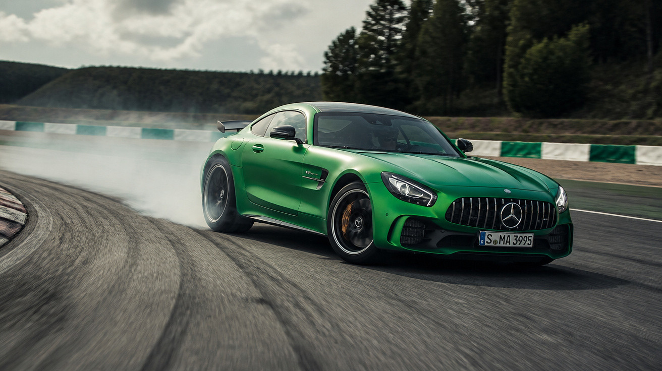 Carro desportivo verde Mercedes a derrapar numa curva numa pista de corrida rodeada de árvores.
