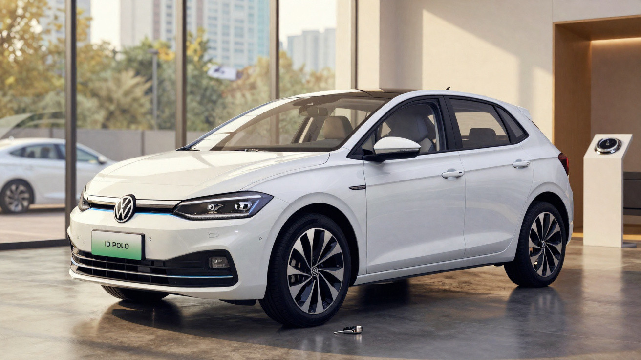 Carro elétrico Volkswagen ID Polo branco em exposição num espaço moderno com janelas amplas.