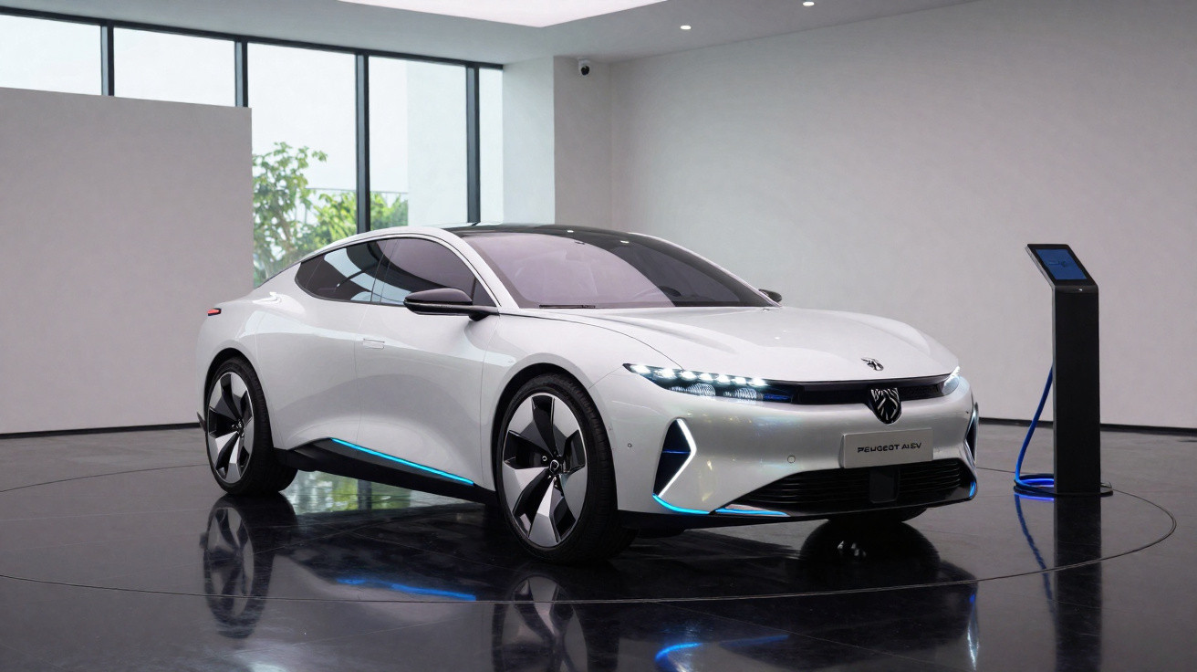 Carro elétrico Peugeot AEY branco em exposição num espaço moderno com chão brilhante e carregador ao lado.