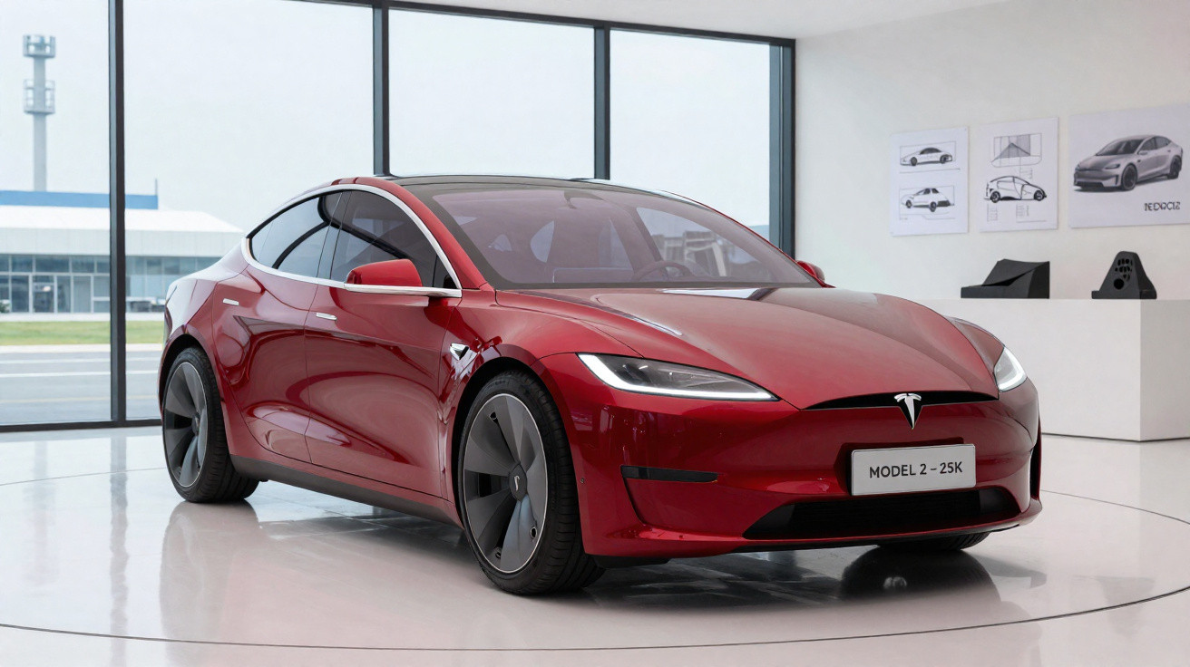Carro elétrico Tesla Model 2 vermelho em exposição moderna com janelas amplas.