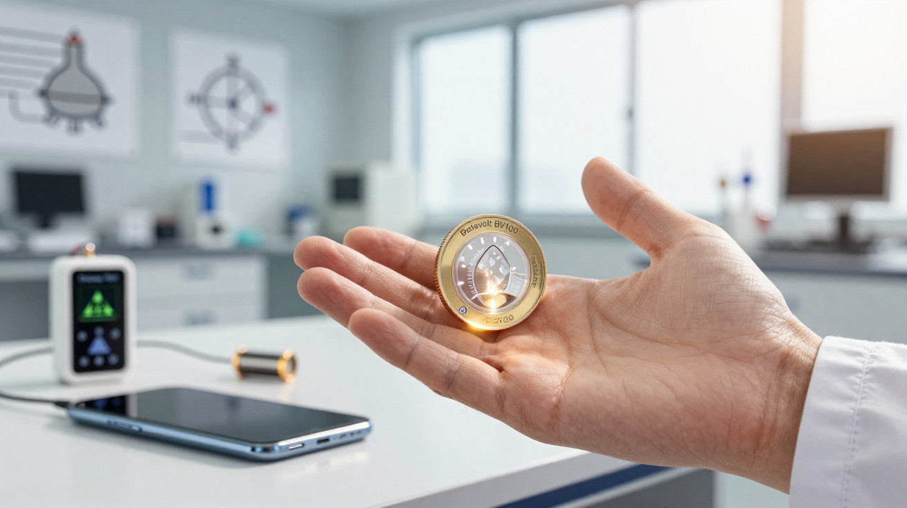 Mão humana a segurar moeda digital Ethereum num ambiente moderno de laboratório ou escritório tecnológico.