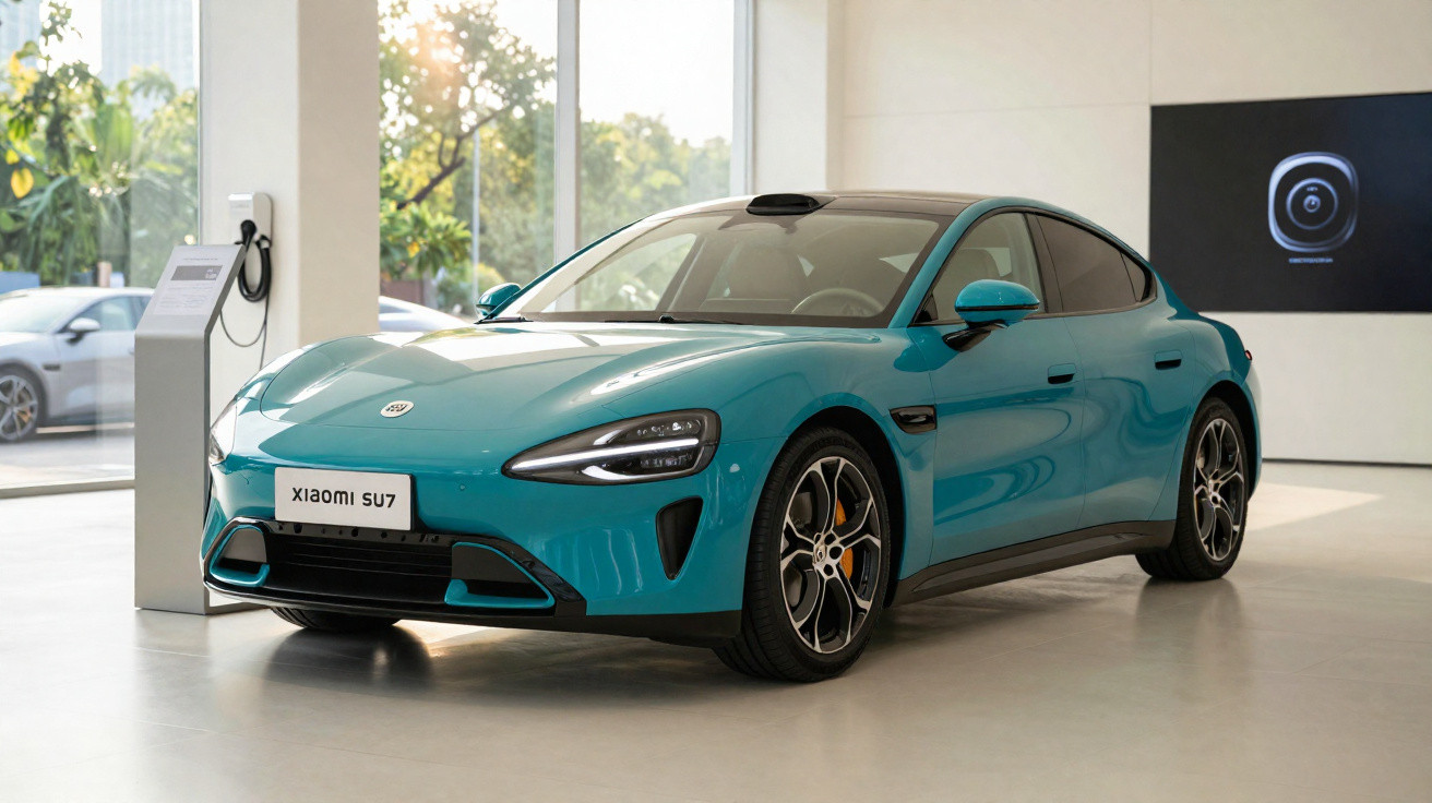 Carro elétrico azul Xiaomi SU7 estacionado em interior moderno com estação de carregamento.