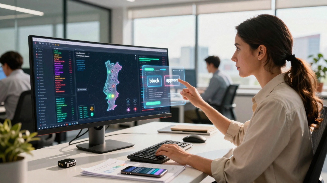 Mulher a usar computador com mapa de Portugal e interface futurista num escritório moderno.