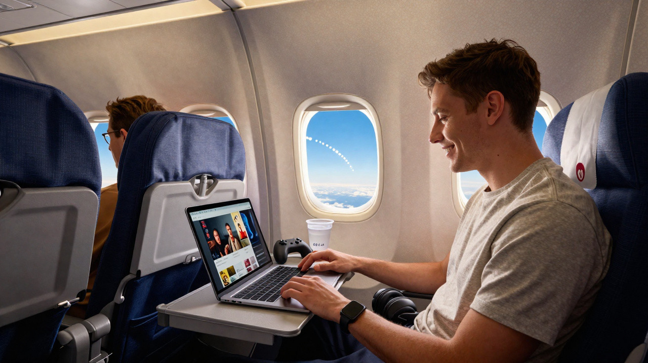Homem sorridente a usar portátil no avião com copo de plástico e comando de videojogo na mesa.