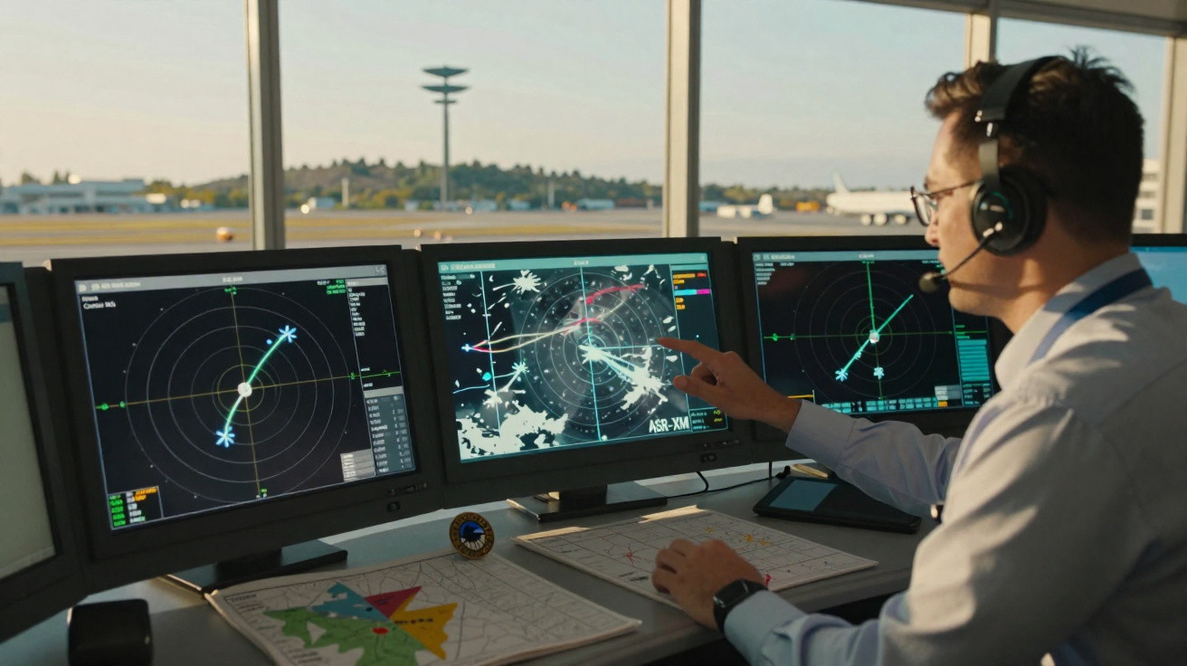 Controlador aéreo em posto de trabalho com vários ecrãs de radar a monitorizar tráfego aéreo.