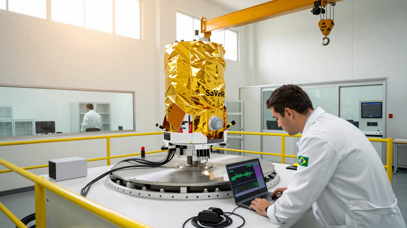 Engenheiro brasileiro em laboratório a monitorizar satélite SaViHR com cobertura dourada numa base circular.