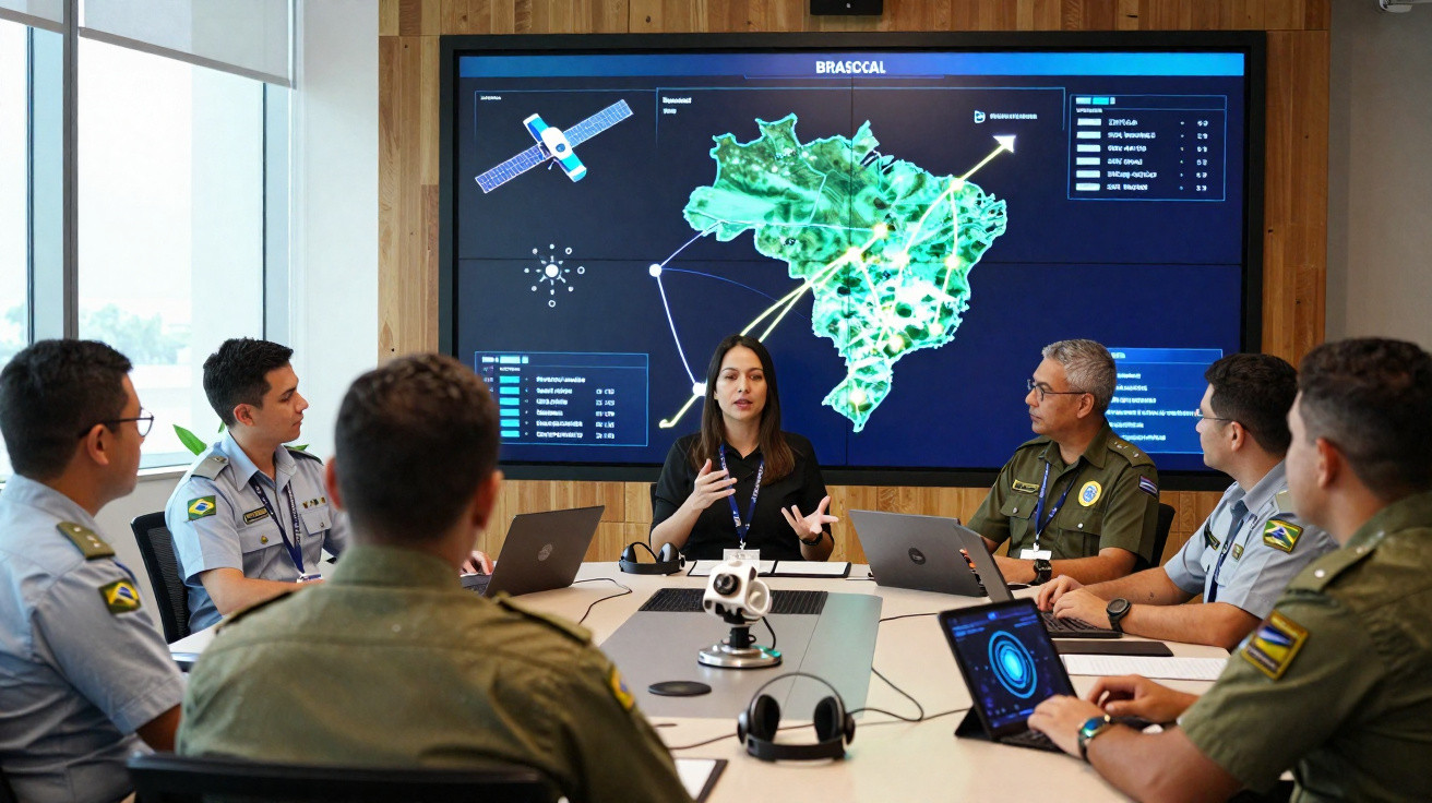 Reunião com militares em sala moderna, discutindo mapa digital do Brasil exibido em ecrã grande.