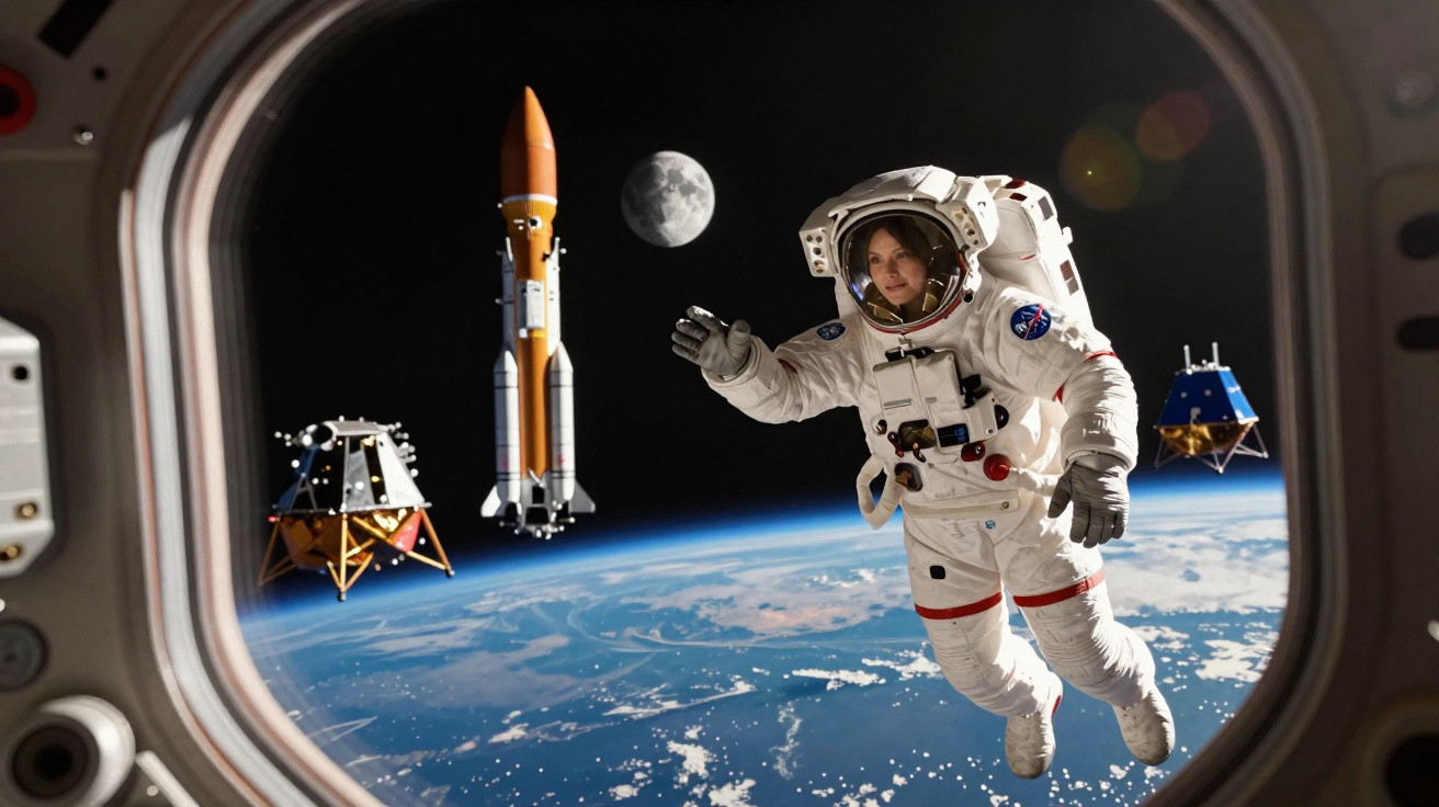 Astronauta em fato espacial flutua no espaço com Terra, lua e foguetes ao fundo, visto por janela.