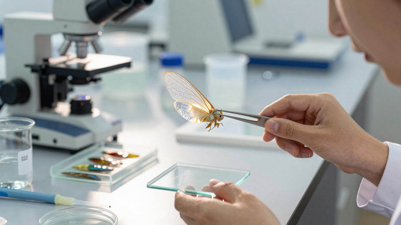 Mãos de cientista seguram insecto com pinça e placa de vidro numa mesa de laboratório com microscópio.