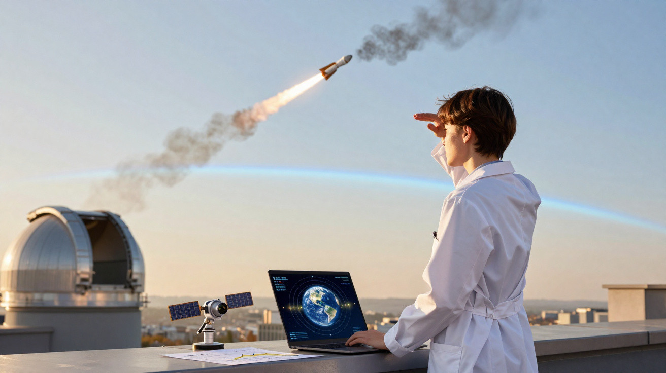 Criança com bata branca observa lançamento de foguete enquanto usa computador na cobertura de edifício com telescópio.