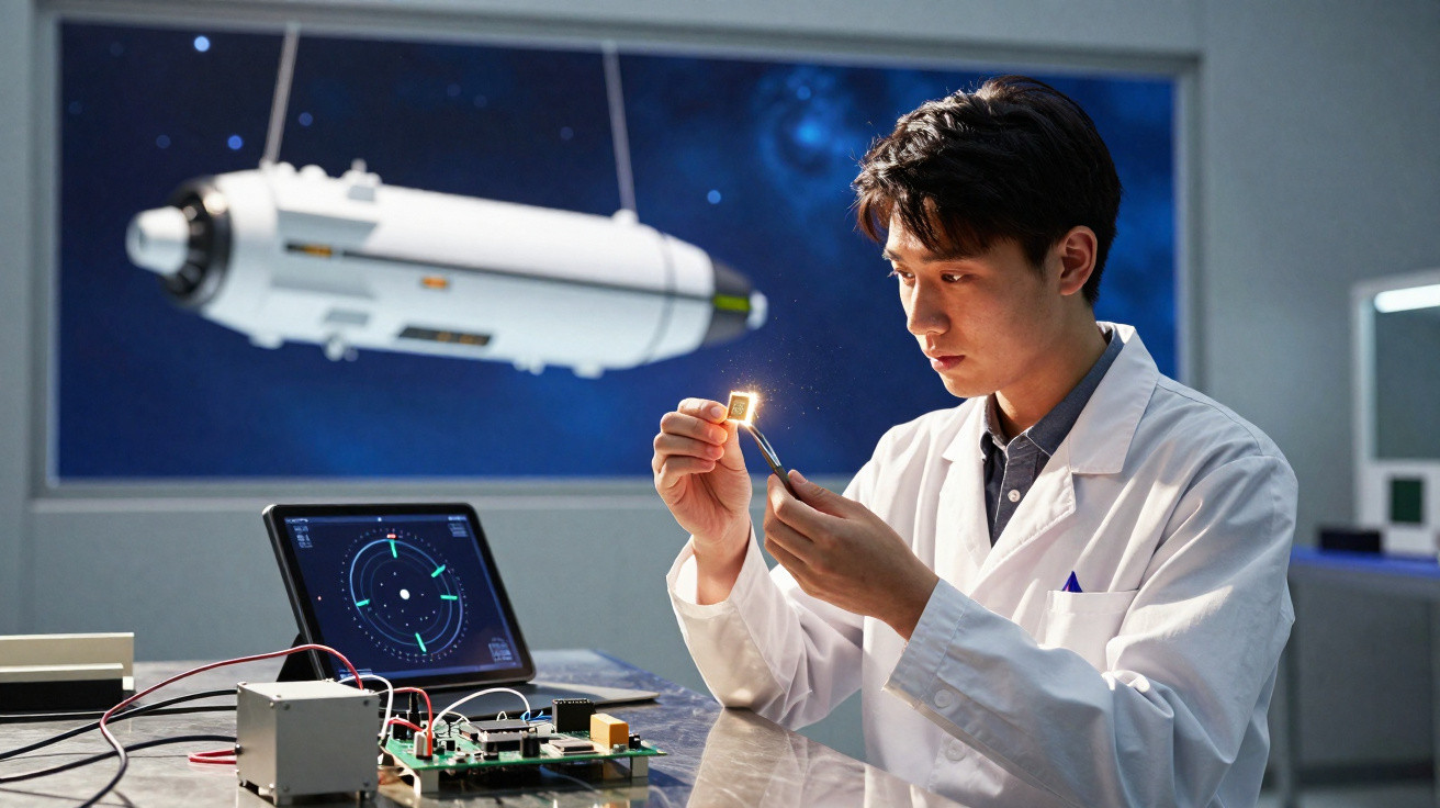Cientista em bata branca examina componente eletrónico numa sala com painel de controlo e maquete espacial ao fundo.
