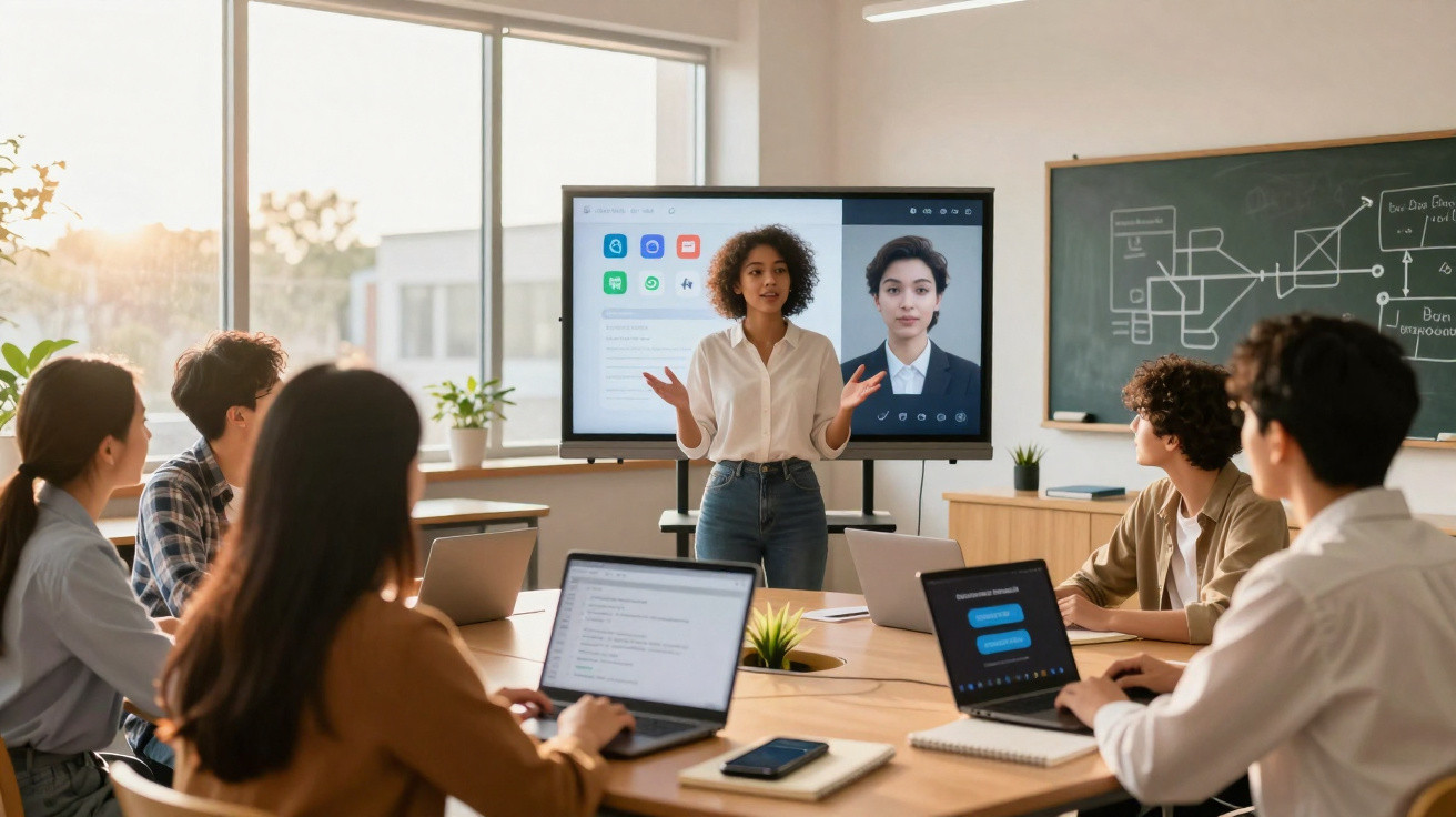 Reunião de equipa em escritório moderno com participantes presenciais e videoconferência em ecrã grande.
