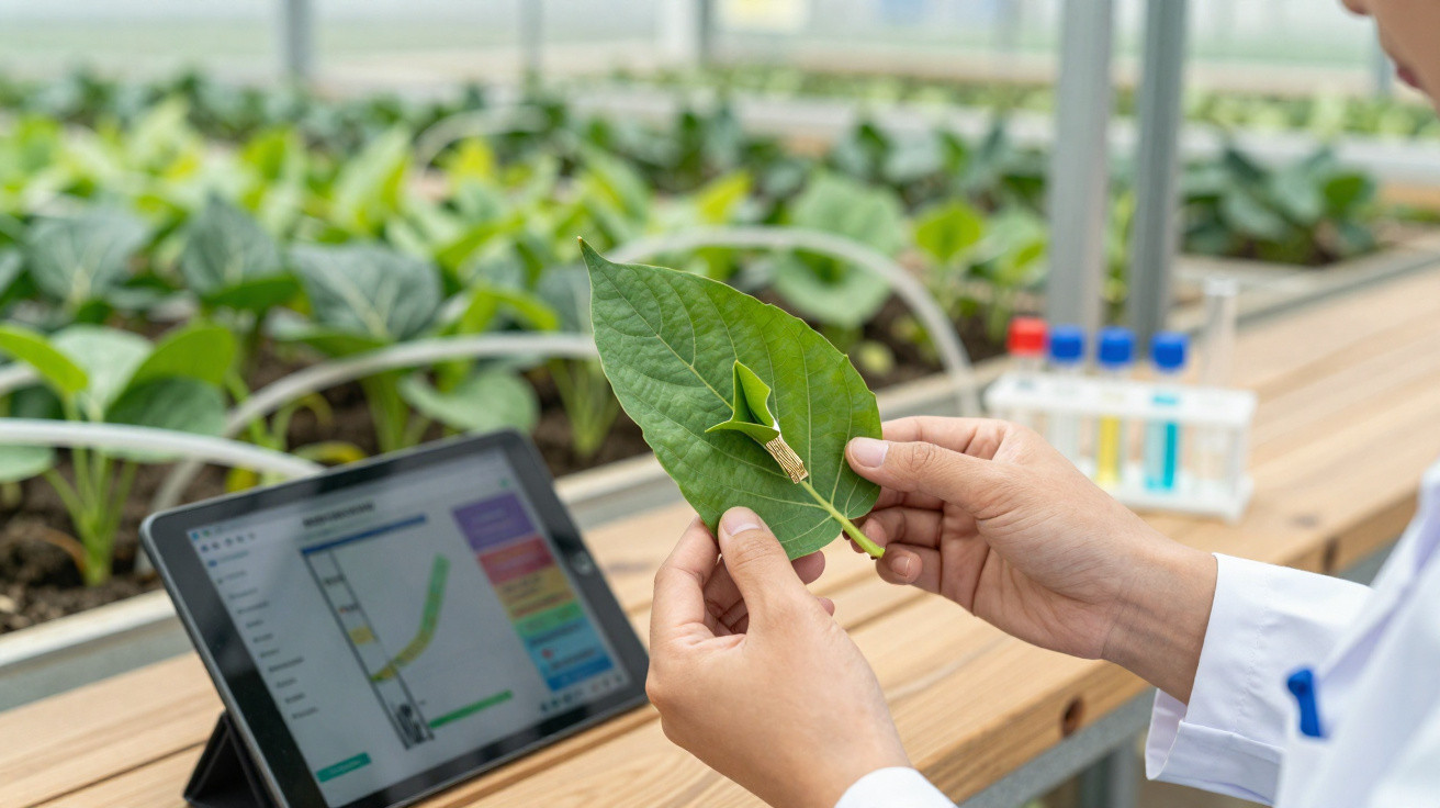 Mãos seguram uma folha verde num laboratório agrícola com tablet e plantas ao fundo.