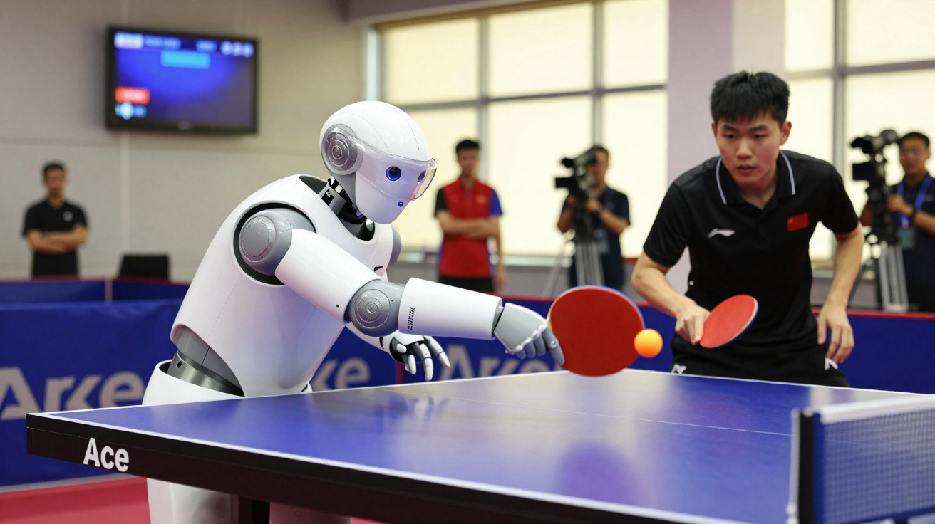 Robô e jogador humano a competir num jogo de ténis de mesa num ambiente fechado.