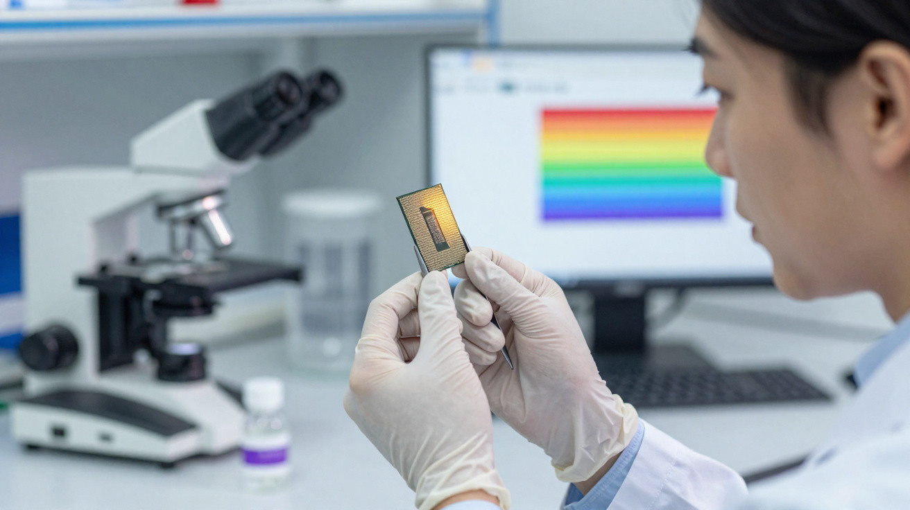 Cientista com luvas a analisar chip numa placa eletrónica, laboratório com microscópio e ecrã ao fundo.