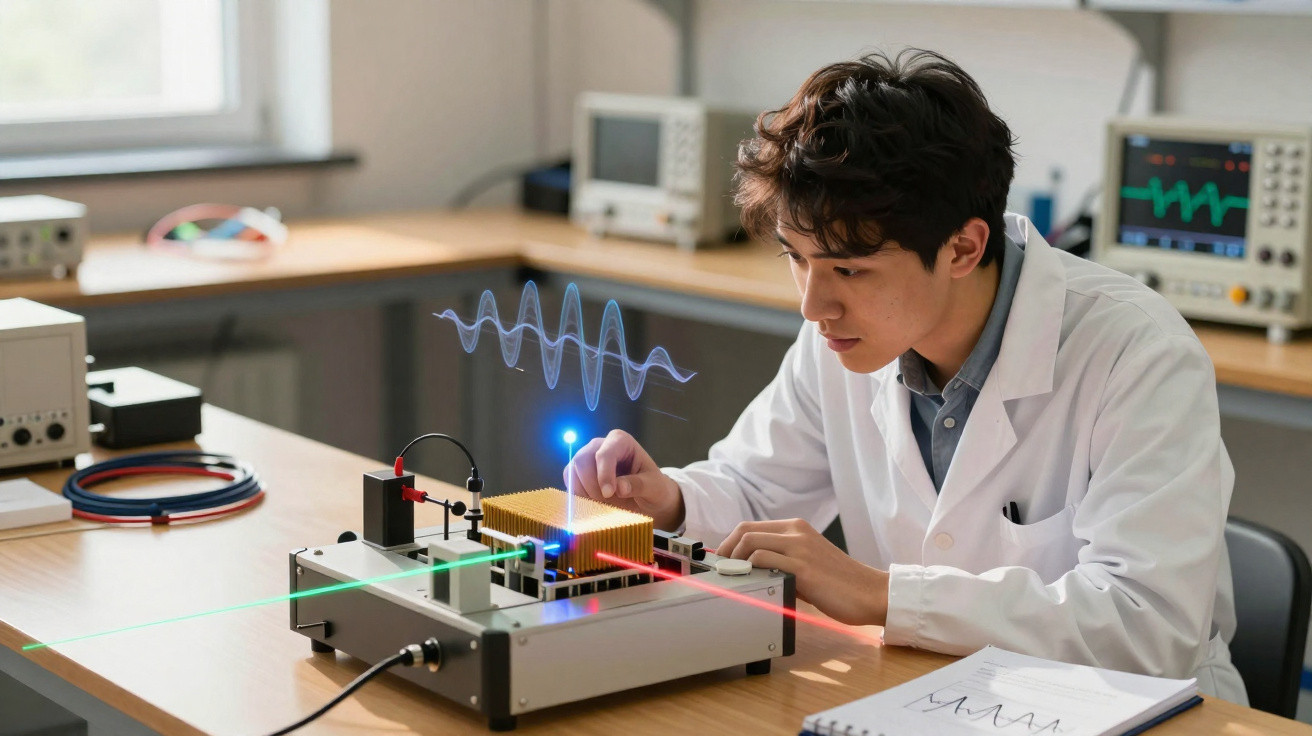Jovem cientista em laboratório a trabalhar com equipamento de laser e ondas sonoras holográficas.