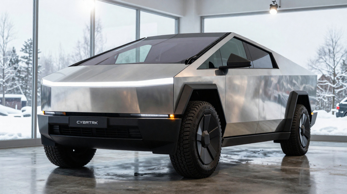Veículo elétrico Tesla Cybertruck prateado, angular, em sala com chão refletor e janelas com neve lá fora.
