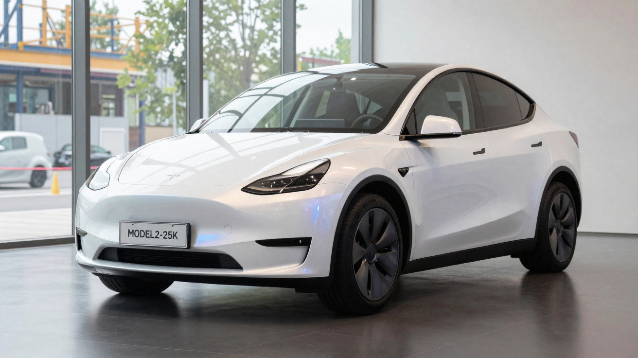 Carro elétrico Tesla Model 2 branco exposto num interior moderno com janelas panorâmicas.