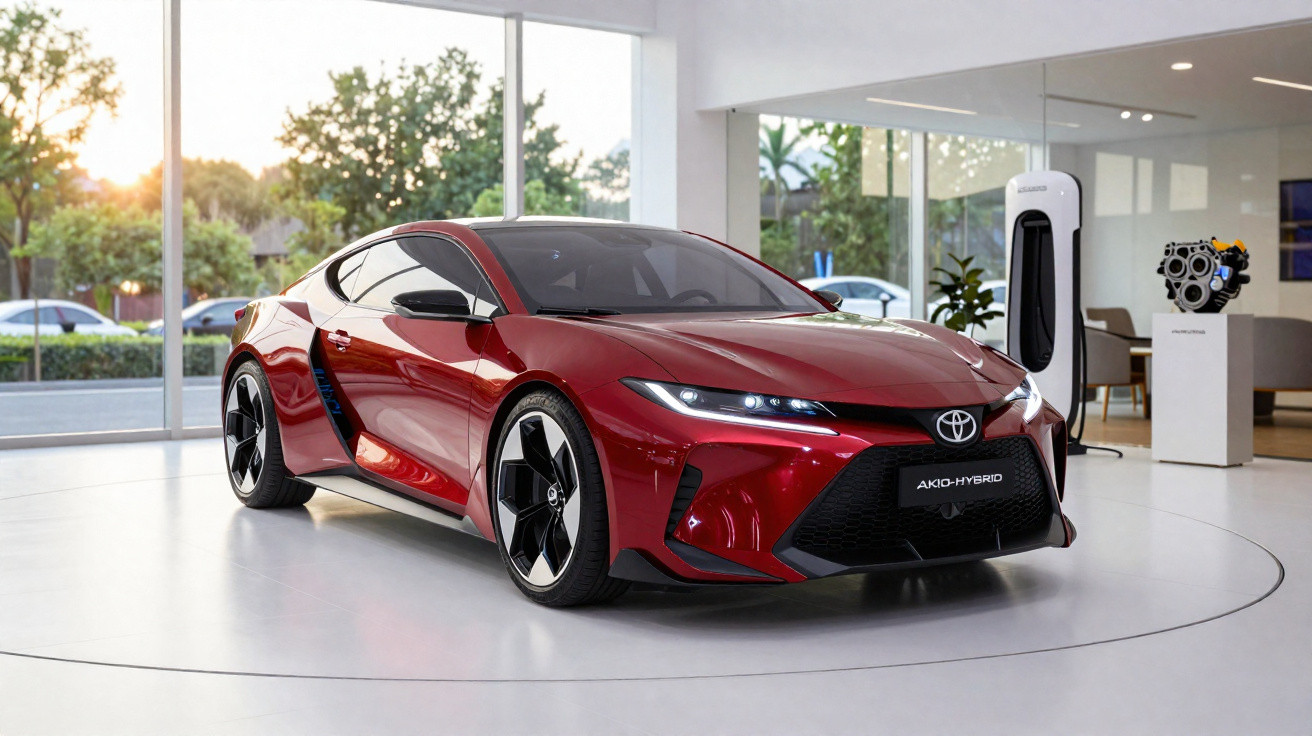 Carro desportivo Toyota Akio-Hybrid vermelho exposto em showroom moderno com janelas amplas.