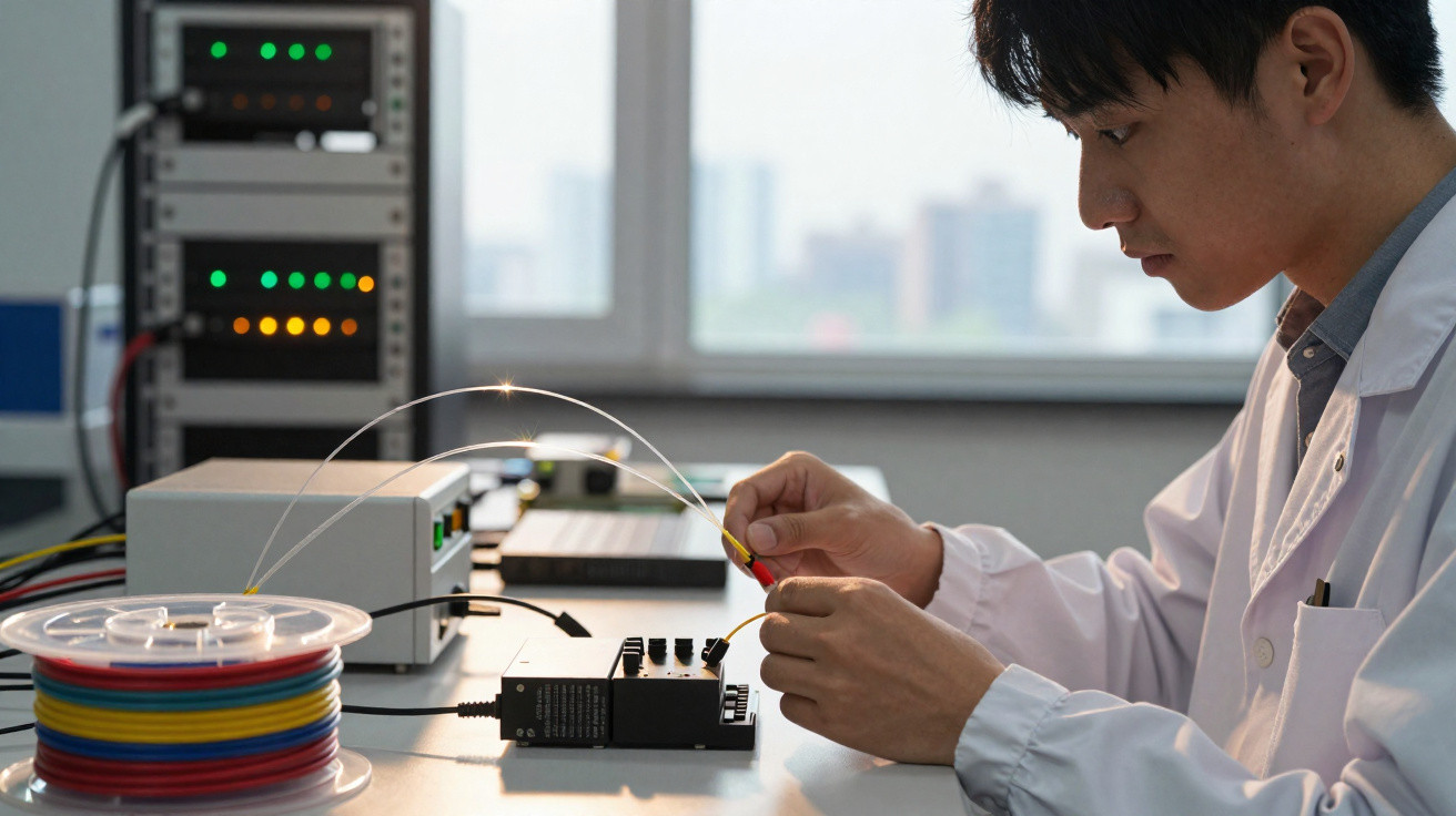 Homem em bata branca trabalha com cabos e equipamento de fibra ótica num laboratório iluminado.